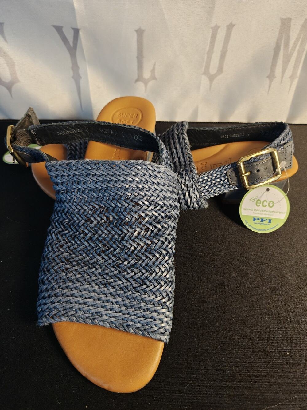 PAUL GREEN $365 Women's UK 5 US 7 Helena Woven Block Heel Sandal Indigo Nwt Blem
